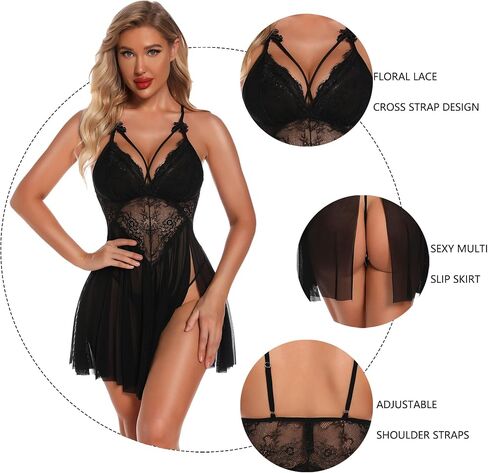 RSLOVE Women Plus Size Lingerie Sexy Babydoll Lace Chemise Exotic Nightgowns Black XXL in Saudi Arabia