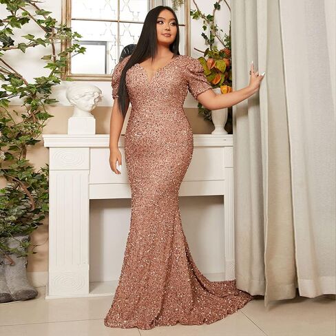 فستان Lin Lin Q نسائي رسمي مقاس كبير مزين بالترتر ورقبة على شكل حرف V للسهرة، فستان Bodycon بفيونكة كبيرة بطول الأرض على شكل حورية البحر in Kuwait