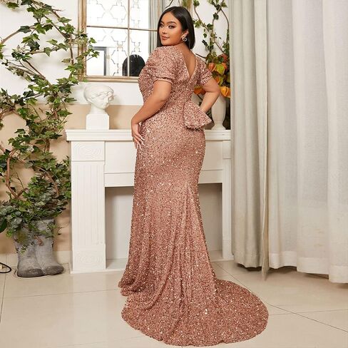 فستان Lin Lin Q نسائي رسمي مقاس كبير مزين بالترتر ورقبة على شكل حرف V للسهرة، فستان Bodycon بفيونكة كبيرة بطول الأرض على شكل حورية البحر in Kuwait