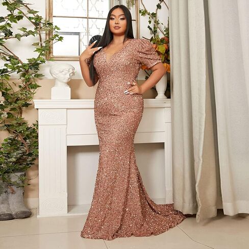 فستان Lin Lin Q نسائي رسمي مقاس كبير مزين بالترتر ورقبة على شكل حرف V للسهرة، فستان Bodycon بفيونكة كبيرة بطول الأرض على شكل حورية البحر in Kuwait