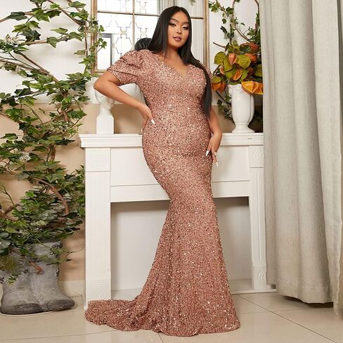 فستان Lin Lin Q نسائي رسمي مقاس كبير مزين بالترتر ورقبة على شكل حرف V للسهرة، فستان Bodycon بفيونكة كبيرة بطول الأرض على شكل حورية البحر in Kuwait