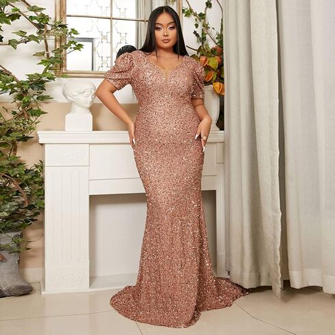 فستان Lin Lin Q نسائي رسمي مقاس كبير مزين بالترتر ورقبة على شكل حرف V للسهرة، فستان Bodycon بفيونكة كبيرة بطول الأرض على شكل حورية البحر in Kuwait