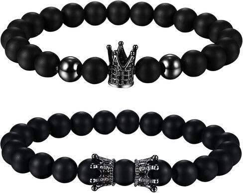Rofusn Mens Women's Biker Crown King 8MM Beaded Bracelet, Couples Black Onxy Beads Link Bracelets for Christmas Valentines in Saudi Arabia