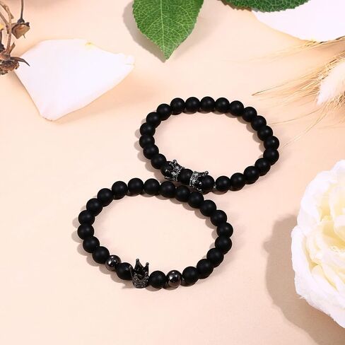 Rofusn Mens Women's Biker Crown King 8MM Beaded Bracelet, Couples Black Onxy Beads Link Bracelets for Christmas Valentines in Saudi Arabia