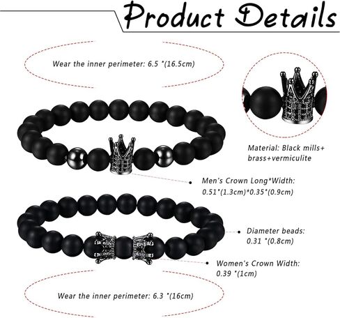 Rofusn Mens Women's Biker Crown King 8MM Beaded Bracelet, Couples Black Onxy Beads Link Bracelets for Christmas Valentines in Saudi Arabia