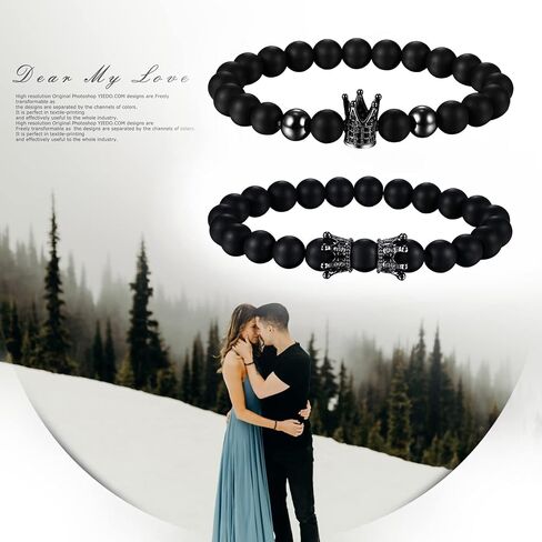 Rofusn Mens Women's Biker Crown King 8MM Beaded Bracelet, Couples Black Onxy Beads Link Bracelets for Christmas Valentines in Saudi Arabia