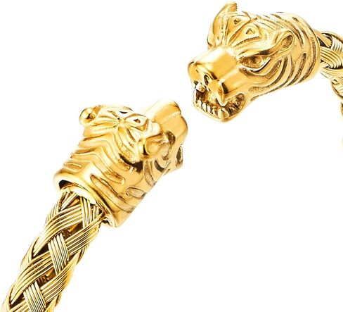COOLSTEELANDBEYOND الذهب اللون النمر رئيس سوار الصلب مضفر كابل الإسورة رجالي الكفة سوار مصقول، قابل للتعديل in Saudi Arabia