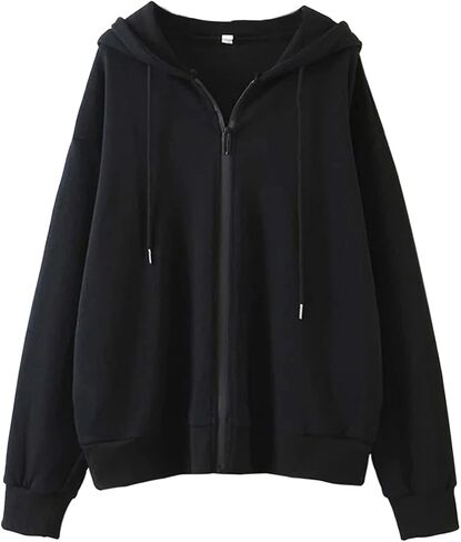 Meladyan Women Oversized Solid Zip Up Hoodie Drawstring Hooded Long Sleeve Fleece Vintage Sweatshirts Jackets Pockets 90s in Saudi Arabia