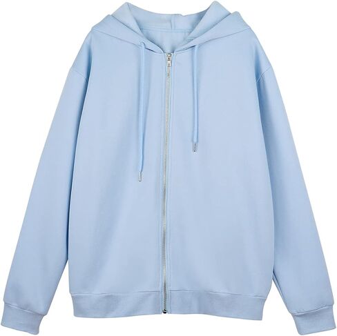 Meladyan Women Oversized Solid Zip Up Hoodie Drawstring Hooded Long Sleeve Fleece Vintage Sweatshirts Jackets Pockets 90s in Saudi Arabia