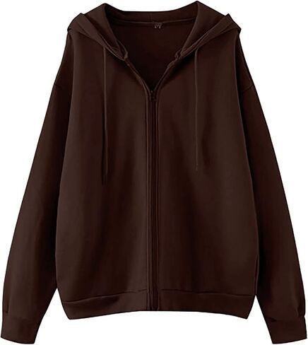 Meladyan Women Oversized Solid Zip Up Hoodie Drawstring Hooded Long Sleeve Fleece Vintage Sweatshirts Jackets Pockets 90s in Saudi Arabia