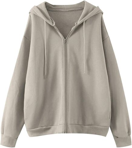 Meladyan Women Oversized Solid Zip Up Hoodie Drawstring Hooded Long Sleeve Fleece Vintage Sweatshirts Jackets Pockets 90s in Saudi Arabia