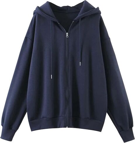 Meladyan Women Oversized Solid Zip Up Hoodie Drawstring Hooded Long Sleeve Fleece Vintage Sweatshirts Jackets Pockets 90s in Saudi Arabia