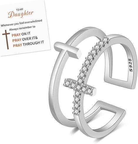 SOPIFY To My Daughter Cross Ring Pray Through It Cross Ring for Daughter Adjustable Double Cross Ring Baptism Ring Gift for Daughter in Kuwait