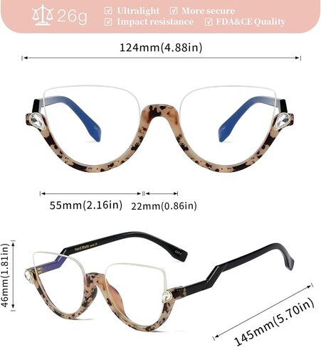 نظارات MORESHINE Fashion Blue Light Blocking للنساء بعدسات شفافة بدون وصفة طبية نصف إطار CZ Diamond in Saudi Arabia