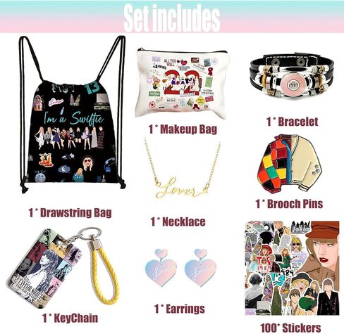 مجموعة هدايا Taylor Merch لـ Swiftie، وبضائع TS بما في ذلك القلادة، وحقيبة الرباط، والسوار، والملصقات، والأقراط، وحقيبة المكياج، وسلسلة المفاتيح. in Kuwait