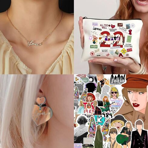 مجموعة هدايا Taylor Merch لـ Swiftie، وبضائع TS بما في ذلك القلادة، وحقيبة الرباط، والسوار، والملصقات، والأقراط، وحقيبة المكياج، وسلسلة المفاتيح. in Kuwait