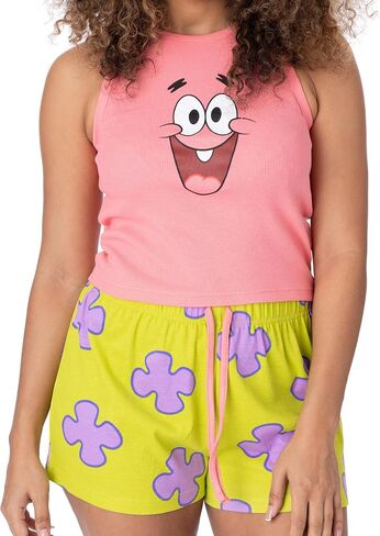 SpongeBob SquarePants Ladies Pyjama Set | Womens Ribbed Vest & Green Elasticated Shorts | Patrick Star Graphic Sleepwear in Saudi Arabia