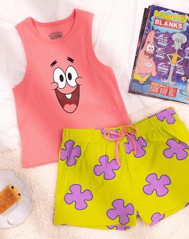 SpongeBob SquarePants Ladies Pyjama Set | Womens Ribbed Vest & Green Elasticated Shorts | Patrick Star Graphic Sleepwear in Saudi Arabia