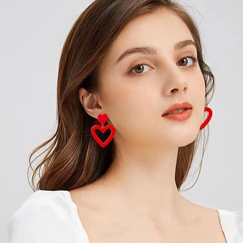 Aishgjia Summer Hot Pink Love Heart Earrings for Women Girls Y2K Double Heart Red Dangle Earrings Lightweight Acrylic Earrings Jewelry Gifts for Valentine's Day Wife Mom Girlfriend Her in Saudi Arabia