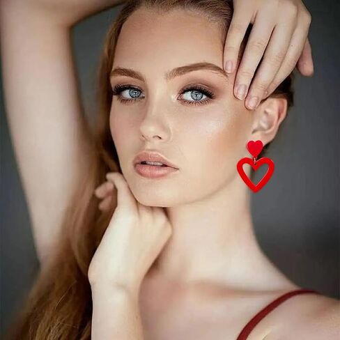 Aishgjia Summer Hot Pink Love Heart Earrings for Women Girls Y2K Double Heart Red Dangle Earrings Lightweight Acrylic Earrings Jewelry Gifts for Valentine's Day Wife Mom Girlfriend Her in Saudi Arabia
