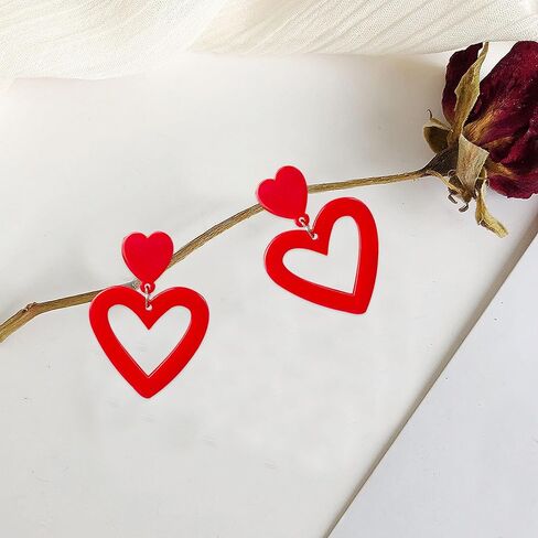 Aishgjia Summer Hot Pink Love Heart Earrings for Women Girls Y2K Double Heart Red Dangle Earrings Lightweight Acrylic Earrings Jewelry Gifts for Valentine's Day Wife Mom Girlfriend Her in Saudi Arabia