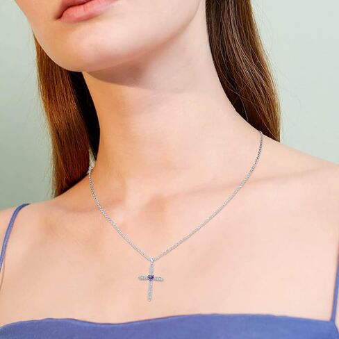 Cross Birthstone Necklace for Women Sterling Silver Birthstone Cross Pendant Necklace with CZ Birthstone Month Necklace Crucifix Cross Jewelry Gifts for Men Girls Halloween Christmas in Saudi Arabia