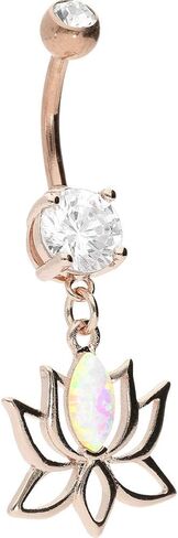 PIERCINGLINE 316L حلقة زر البطن من الفولاذ الجراحي تتدلى مع تصميم نحاسي زهرة اللوتس مع أوبال صناعي 14G خاتم السرة ثقب البطن in Kuwait