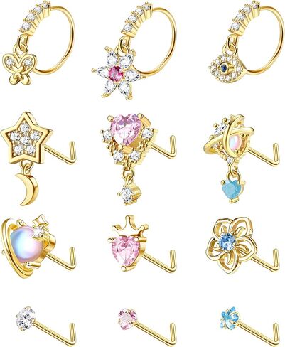 JOERICA 12 Pcs 20G Dangle Nose Rings for Women Nose Stud L Shaped Stainless Steel Nose Ring Hoops Butterfly Heart Moon Flower Evil Eye Crown CZ Dangling Nose Piercing Jewelry in Kuwait