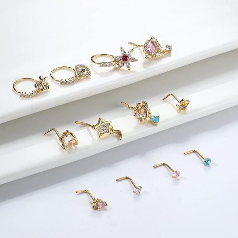 JOERICA 12 Pcs 20G Dangle Nose Rings for Women Nose Stud L Shaped Stainless Steel Nose Ring Hoops Butterfly Heart Moon Flower Evil Eye Crown CZ Dangling Nose Piercing Jewelry in Kuwait
