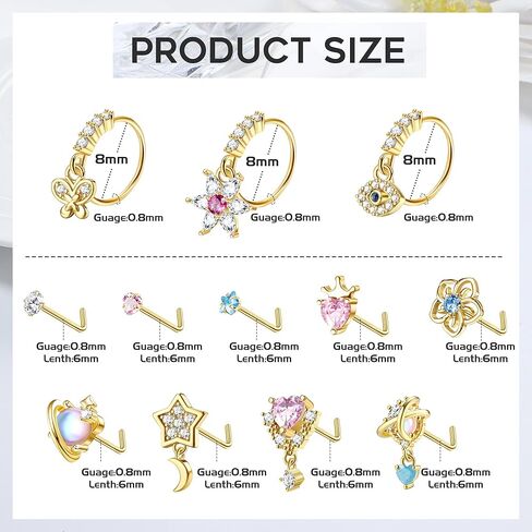 JOERICA 12 Pcs 20G Dangle Nose Rings for Women Nose Stud L Shaped Stainless Steel Nose Ring Hoops Butterfly Heart Moon Flower Evil Eye Crown CZ Dangling Nose Piercing Jewelry in Kuwait