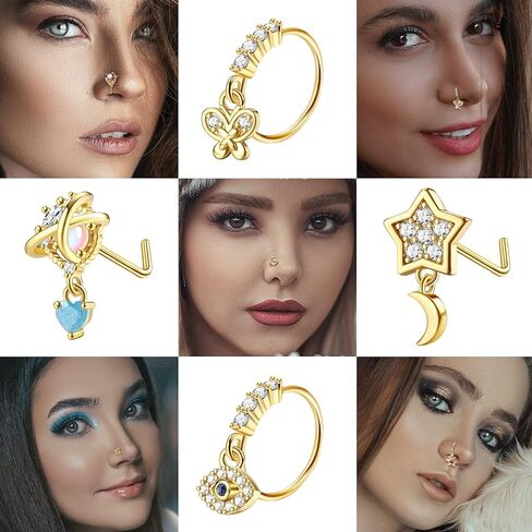 JOERICA 12 Pcs 20G Dangle Nose Rings for Women Nose Stud L Shaped Stainless Steel Nose Ring Hoops Butterfly Heart Moon Flower Evil Eye Crown CZ Dangling Nose Piercing Jewelry in Kuwait