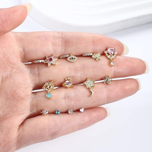 JOERICA 12 Pcs 20G Dangle Nose Rings for Women Nose Stud L Shaped Stainless Steel Nose Ring Hoops Butterfly Heart Moon Flower Evil Eye Crown CZ Dangling Nose Piercing Jewelry in Kuwait