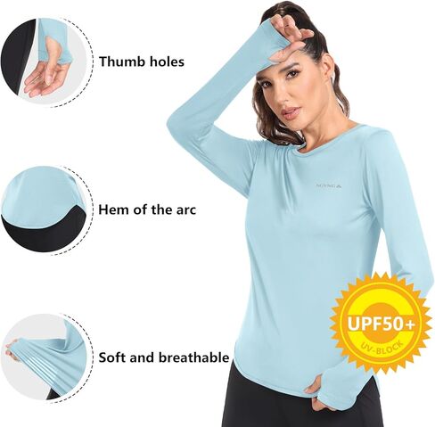 قميص نسائي AGVNG بعامل حماية من أشعة الشمس 50+ بأكمام طويلة وفتحات للإبهام، قميص علوي للتمرين بالأشعة فوق البنفسجية والمشي لمسافات طويلة وصيد الأسماك وأداء خفيف الوزن في الهواء الطلق in Kuwait