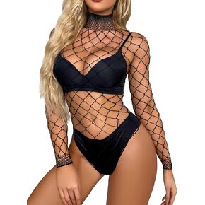 Verdusa Women's One Piece Mock Neck Long Sleeve Fishnet Mesh Bodysuit in Saudi Arabia