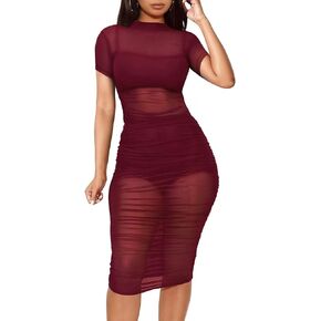 Women See Through Bodycon Dress - Sexy Three Piece Outfits Short Sleeve Mesh Sheer Dress Bodycon Midi Party Club Dresses