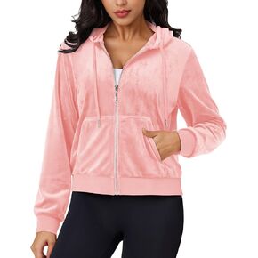 MAGCOMSEN Women's Velour Crop Hoodie Jacket Long Sleeve Zip Up Tops Soft Casual Velvet Jacket with Pockets
