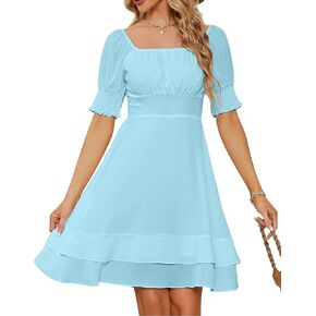 فستان نسائي من BOKALY برقبة مربعة من الشيفون مطوي عند الصدر وأكمام قصيرة مناسب وكشكشة مضيئة فساتين كاجوال صغيرة in Kuwait