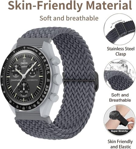 TUCOMO 2 حزمة من الأربطة المتوافقة مع ساعة أوميغا X سواتش Moonswatch Speedmaster 20 مم، أشرطة قماشية مطاطية مضفرة وقابلة للتمدد من النايلون للنساء والرجال in Kuwait