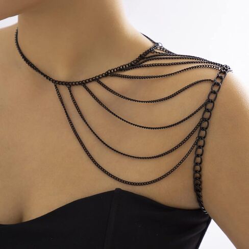 Missgrace Boho Sexy Black Shoulder Chain Layering Tassels Link Harness Necklace Black Shoulder Harness Chain Wrap Accessories Summer Beach Body Jewelry for Women in Saudi Arabia