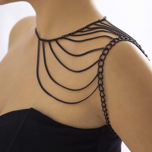 Missgrace Boho Sexy Black Shoulder Chain Layering Tassels Link Harness Necklace Black Shoulder Harness Chain Wrap Accessories Summer Beach Body Jewelry for Women in Saudi Arabia
