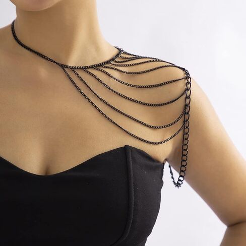 Missgrace Boho Sexy Black Shoulder Chain Layering Tassels Link Harness Necklace Black Shoulder Harness Chain Wrap Accessories Summer Beach Body Jewelry for Women in Saudi Arabia