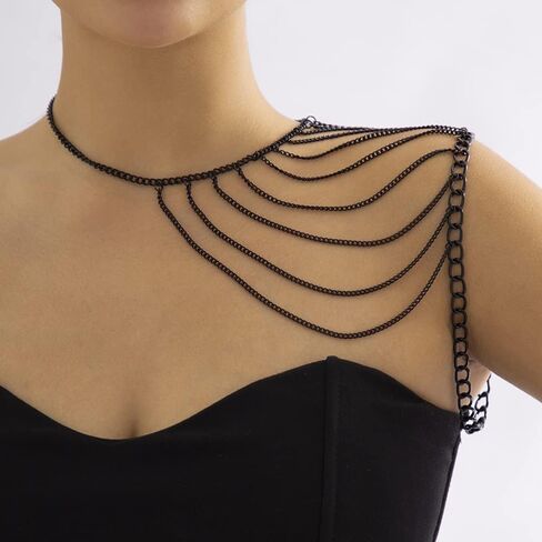 Missgrace Boho Sexy Black Shoulder Chain Layering Tassels Link Harness Necklace Black Shoulder Harness Chain Wrap Accessories Summer Beach Body Jewelry for Women in Saudi Arabia