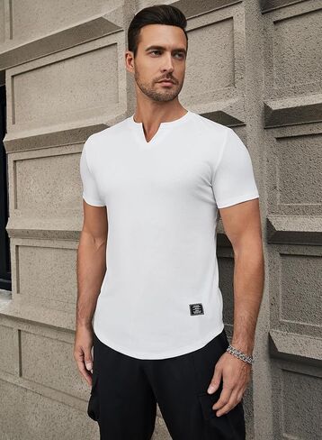 JMIERR Mens Muscle Slim T Shirt V-Neck Longline Henley Shirt Gym Workout Athletic Tee Shirts in Kuwait