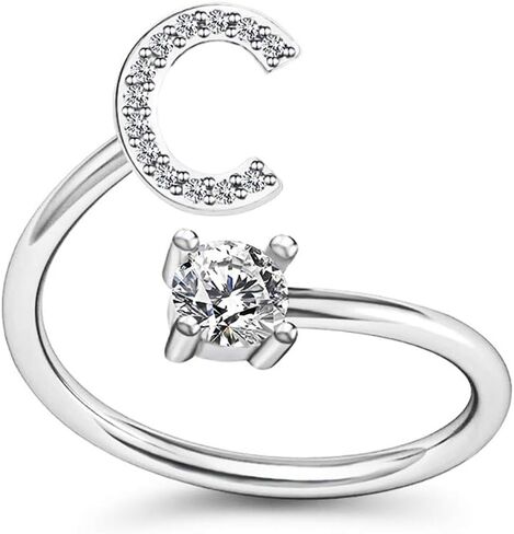 FUTIMELY Initial Letter Ring Alphabet Ring A-Z Silver Crystal Open Adjustable Personalized Initial Ring for Women Teen Girls in Saudi Arabia
