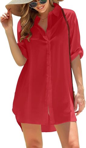 Pinup Fashion Womens Swimsuit Coverup 3/4 Sleeve Button Up Swim Cover Ups for Women Shirt Bathing Suit Beach Coverups in Saudi Arabia