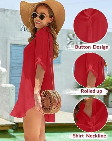 Pinup Fashion Womens Swimsuit Coverup 3/4 Sleeve Button Up Swim Cover Ups for Women Shirt Bathing Suit Beach Coverups in Saudi Arabia