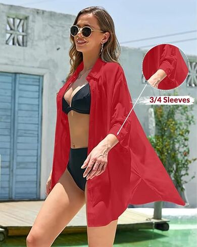 Pinup Fashion Womens Swimsuit Coverup 3/4 Sleeve Button Up Swim Cover Ups for Women Shirt Bathing Suit Beach Coverups in Saudi Arabia