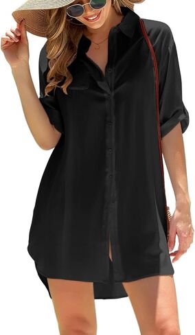 Pinup Fashion Womens Swimsuit Coverup 3/4 Sleeve Button Up Swim Cover Ups for Women Shirt Bathing Suit Beach Coverups in Saudi Arabia