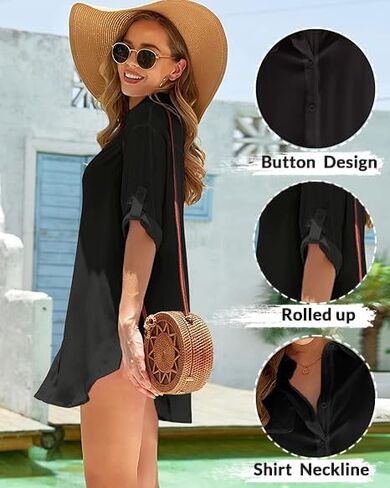 Pinup Fashion Womens Swimsuit Coverup 3/4 Sleeve Button Up Swim Cover Ups for Women Shirt Bathing Suit Beach Coverups in Saudi Arabia