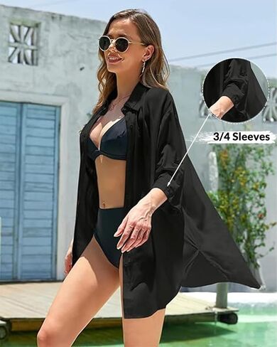 Pinup Fashion Womens Swimsuit Coverup 3/4 Sleeve Button Up Swim Cover Ups for Women Shirt Bathing Suit Beach Coverups in Saudi Arabia